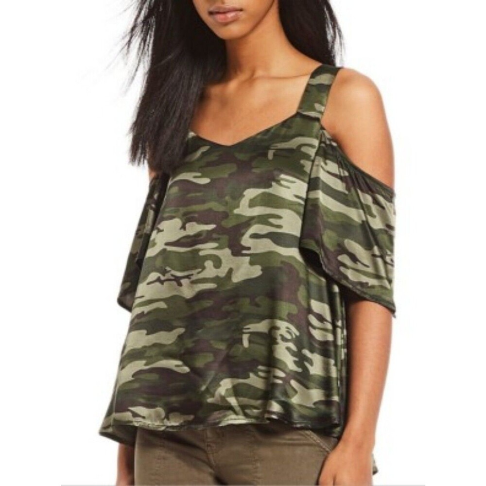 NEW Sanctuary Green Camo Cold Shoulder Blouse - Size XS Womens - Silky Satin
